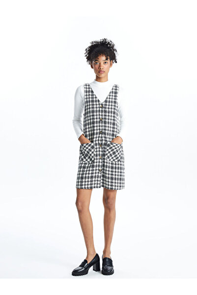 LC Waikiki Black V-Neck Plaid Dress