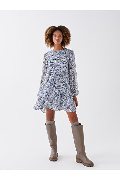 LC Waikiki Langärmliges Damen-Chiffonkleid mit Rundhalsausschnitt