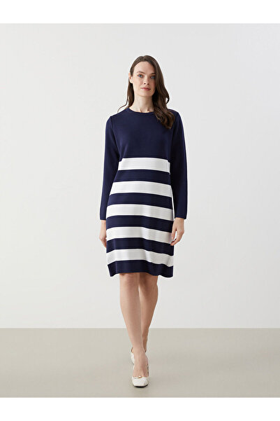 LC Waikiki Navy Blue Crew Neck Color Block Women's Knitwear Dress