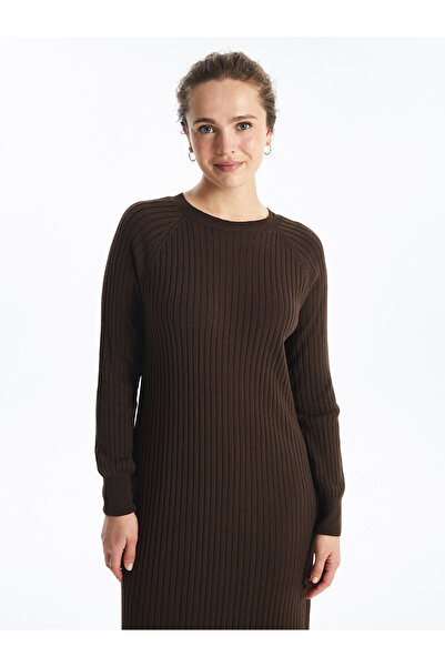 LC Waikiki Kahverengi Bisiklet Yaka Düz Uzun Kollu Kadın Triko Elbise