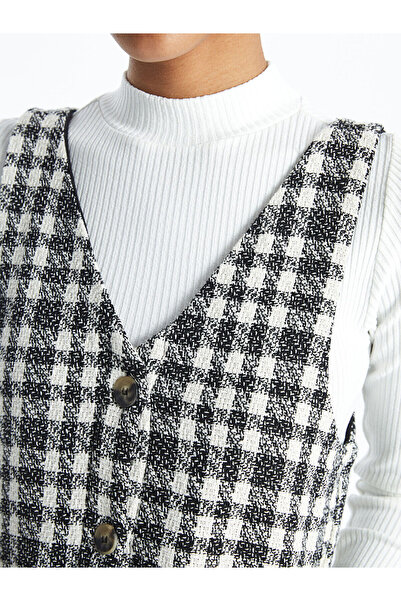 LC Waikiki Black V-Neck Plaid Dress