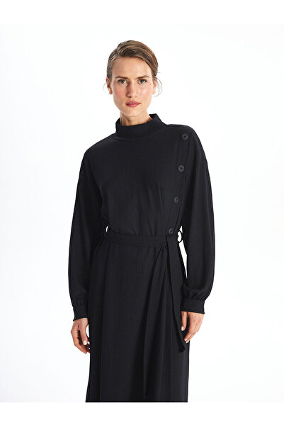 LC Waikiki Black Stand Collar Straight Long Sleeve Dress