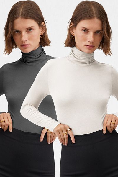 VODENS Women's White Anthracite 2-Piece Turtleneck Ultra Soft Blouse