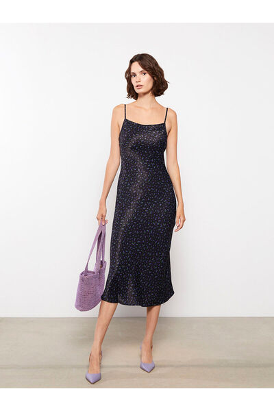 LC Waikiki Black Square Neck Floral Strap Satin Dress