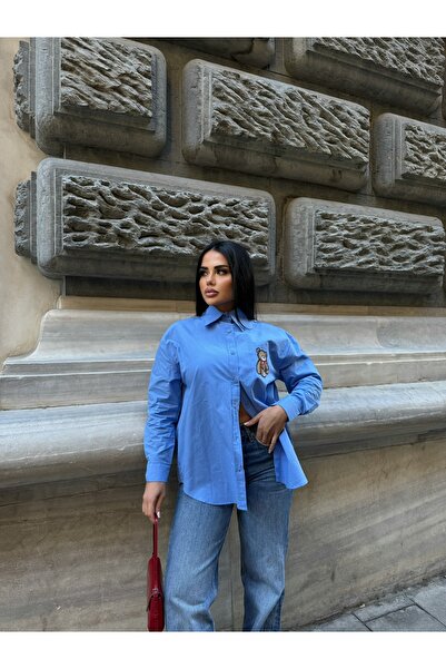 LB Laluna Butik Γυναικείο πουκάμισο με λεπτομέρεια μπλε αρκουδάκι