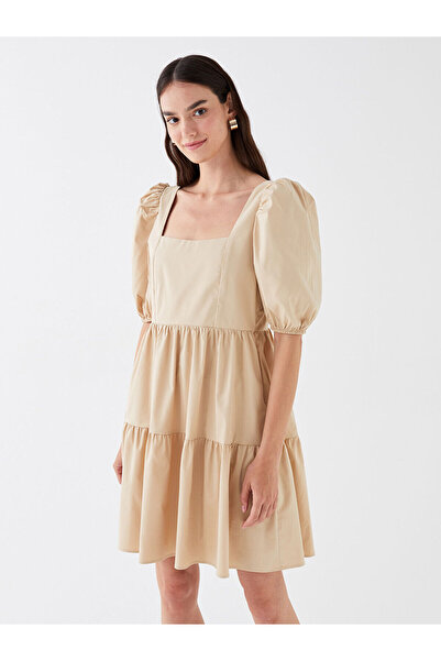 LC Waikiki LCW Vision Beigefarbenes Damenkleid aus Popeline mit quadratischem Ausschnitt und geraden Ballonärmeln