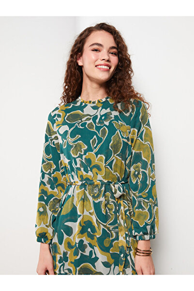 LC Waikiki Vzorované dámské šaty s dlouhým rukávem s volánkovým vysokým límečkem