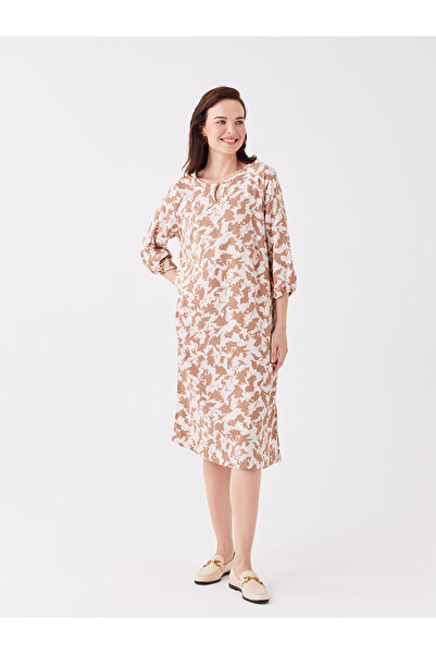 LC Waikiki Brown Crew Neck Patterned A-Line Dress