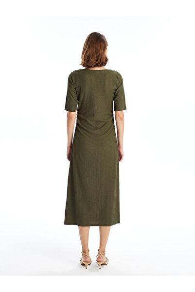 LC Waikiki LCWAIKIKI - Κλασικό Χακί Γυναικείο Φόρεμα, Λαιμόκοψη, Υφή