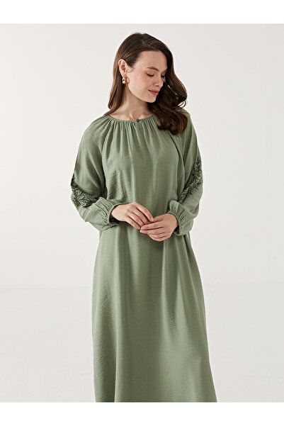 LC Waikiki Γυναικείο φόρεμα LCW Grace Green Crew με λουλουδάτο κέντημα