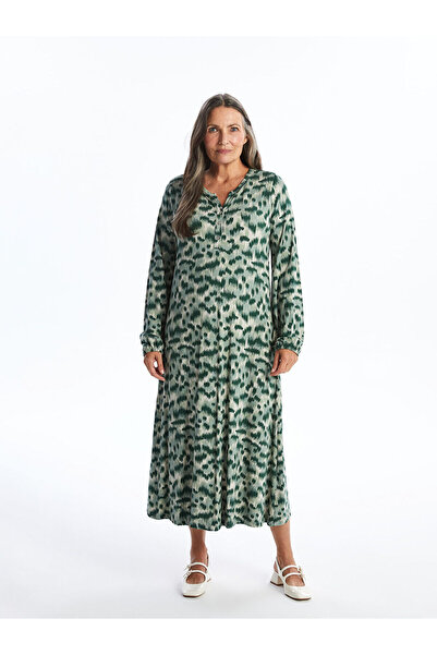 LC Waikiki Γυναικείο μακρυμάνικο φόρεμα με σχέδιο V λαιμόκοψη