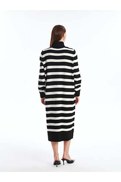 LC Waikiki Black Turtleneck Striped Long Sleeve Oversized Women's Knitwear Dress