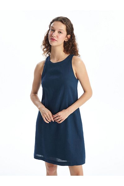 LC Waikiki Crew Neck Plain Linen Blended Women's Dress