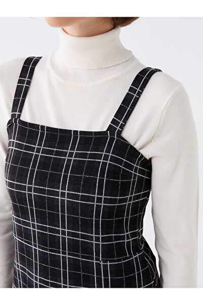 LC Waikiki Black Square Neck Plaid Strap Women's Salopet Dress