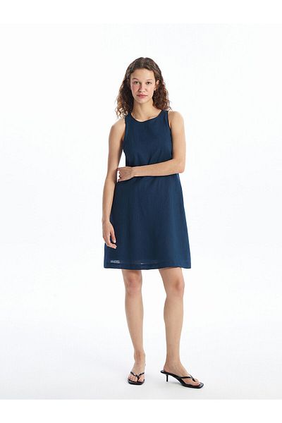 LC Waikiki Crew Neck Plain Linen Blended Women's Dress