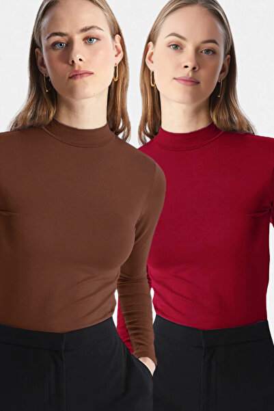 VODENS Kadın Kahve Bordo 2'li Dik Yaka Ultra Soft Body