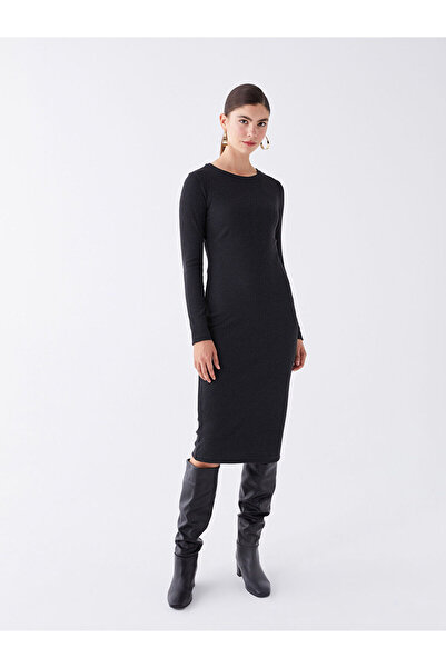 LC Waikiki Gerades, langärmliges Damenkleid mit Rundhalsausschnitt