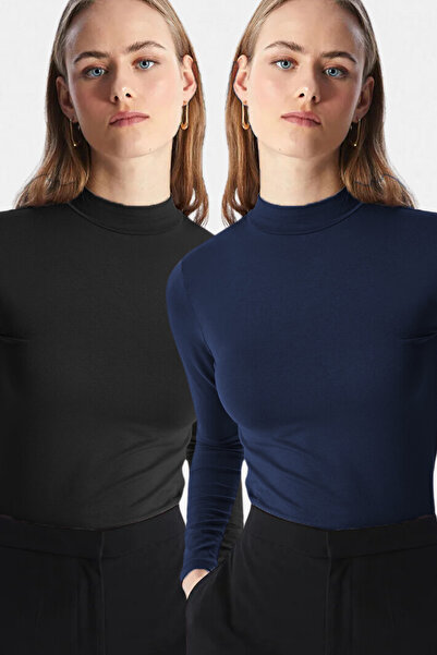 VODENS Women's Navy Blue Black 2-Piece Stand Collar Ultra Soft Bodysuit