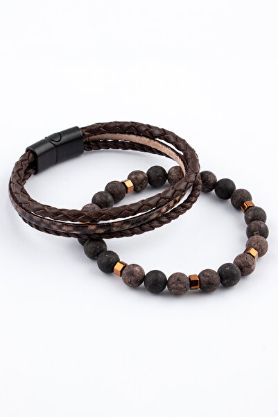 Sortie Aksesuar Hakiki Deri ve Hematit Doğal Taş Erkek Kombin Bileklik 082