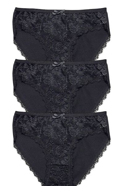 Gizli Butik Chiloți bikini din bumbac negru - Set de 3 dantelă în față