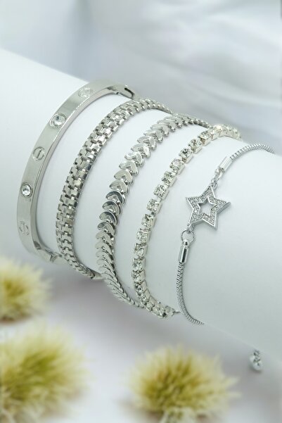 TAKIPORT Yaza Özel Renk Atmaz Gümüş Renk 5 Parçalı Kadın Bileklik Seti