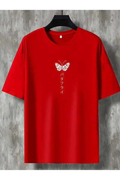 Karatopak Унисекс тениска с окъл деколте и щампа на китайски текст с пеперуда