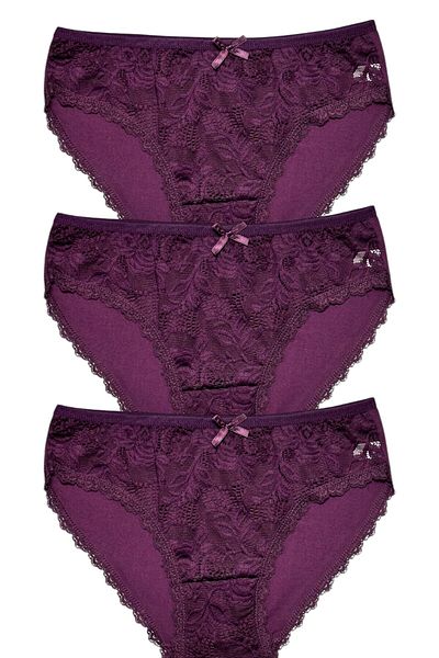 Gizli Butik Set de 3 chiloți bikini pentru femei din bumbac din dantelă mov