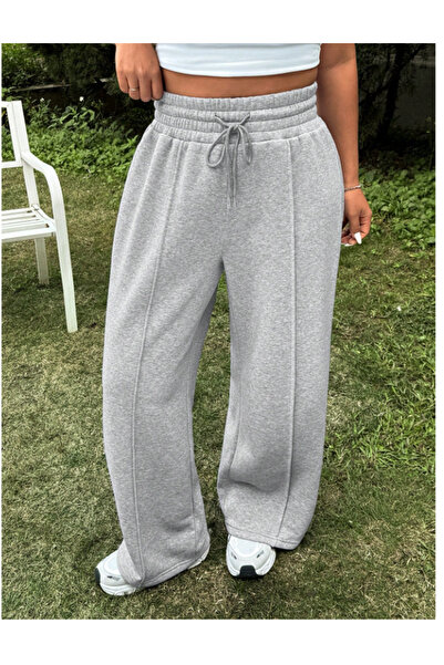 CAONNES Kadın Gri Baggy Büyük Beden  Bol Kesim Esnek Rahat Kumaş Eşofman Altı Pantolon Altı Tessettür8685