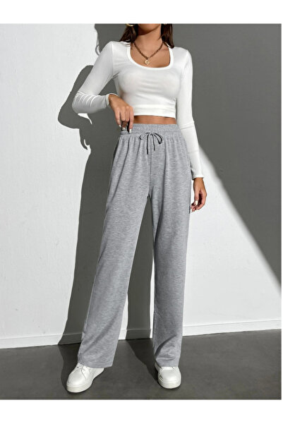 CAONNES Γκρι ελαστικό, άνετο γυναικείο παντελόνι φόρμας με φαρδιά γραμμή - Πα...