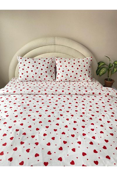 GİNETEKS Set lenjerie de pat dublu elastic din 4 piese - model inimă