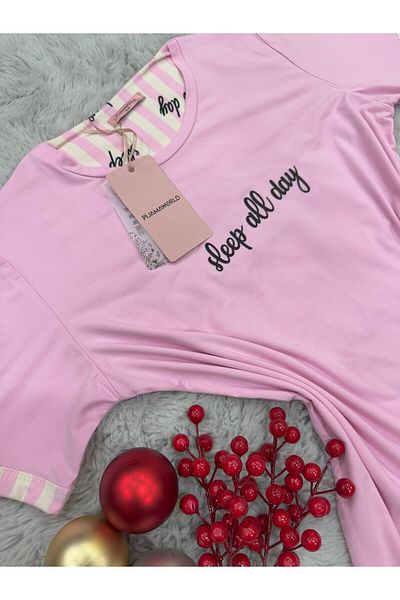 pijamaworld New Season Milan Fabric Short Sleeve Short Sleeve Long Pajama Set