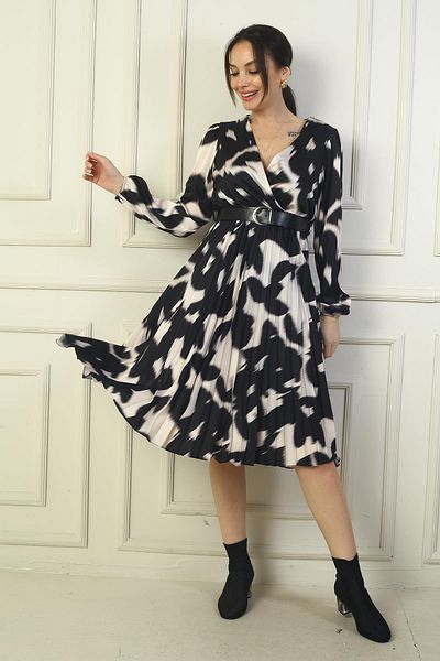 By Saygı Rochie midi din satin cu imprimeu plisat, cu guler dublu, căptușită în talie