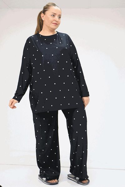 Eslina 47813 Large Size Low Sleeve Micro Suede Pajamas Set - Black with Stars