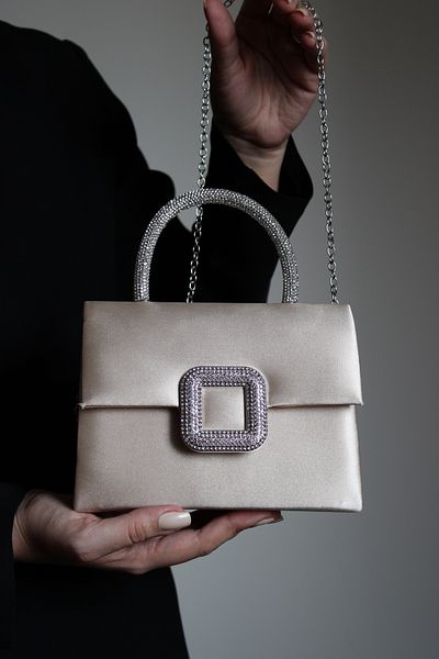 Mimoza Women's Cream Satin Evening Bag - Crystal Buckle - Chain Long Strap