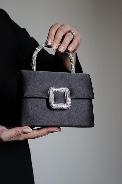Mimoza Women's Black Satin Evening Bag - Crystal Buckle - Chain Long Strap