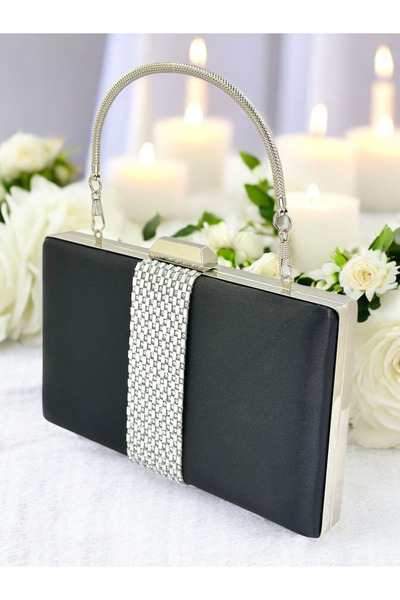 MidStore Black Color Satin Silver Stone Women's Evening Dress Bag Evening Bag