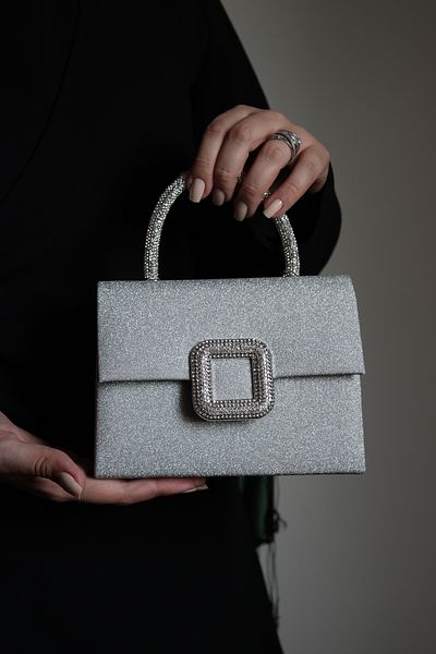 Mimoza Women's Silver Silvery Evening Dress Bag - Crystal Buckle - Chain Long Strap (Not Ship)