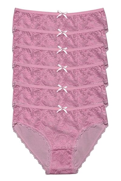 Gizli Butik Set de 6 chiloți de bikini pentru femei din bumbac din dantelă roz