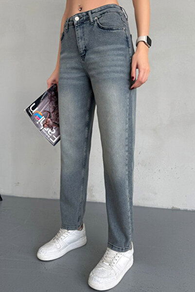 CoolLook Esnek 5 Cepli Yüksek Belli Eskitme Yıkamalı Rahat Fermuarlı Tarz Mom...