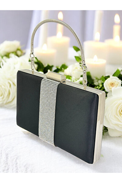 Biçanta Μαύρο Χρώμα Σατέν Ασημί Πέτρα Γυναικείο Βραδινό Φόρεμα Τσάντα Βραδινή...