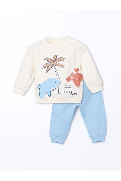 LC Waikiki Crew Neck Printed Sweatshirt and Sweatpants for Baby Boy - Set of 2