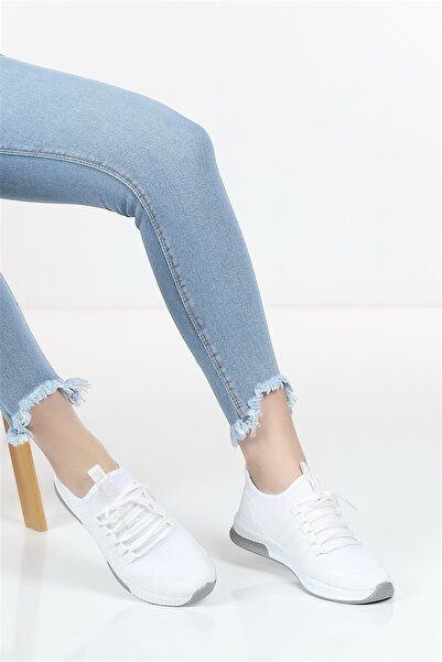 LANDSHOES Beyaz Hafif Rahat Günlük Unisex Triko Spor Yürüyüş Sneaker Ayakkabı