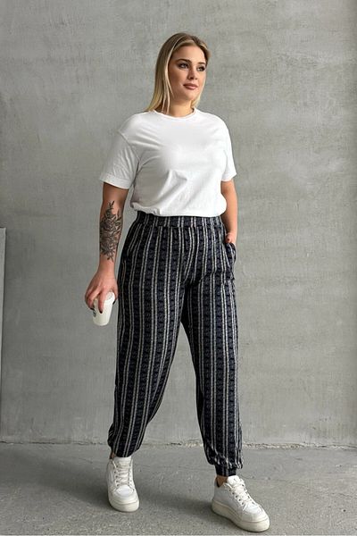 Stil Diva Plus Size Elastic Waist and Leg Striped Pocket Trousers 89-71