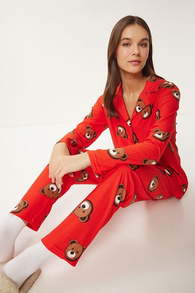 Lovelyİstanbul Red Patterned Velvety Knitted Pajamas Set - Lfp0002