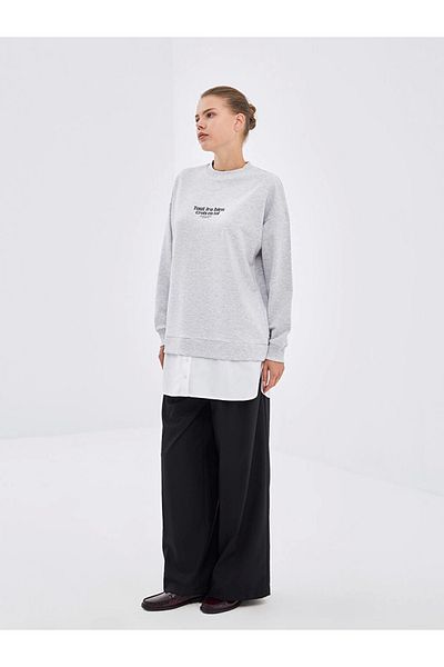 LC Waikiki Lcw Modest Gray Crew Neck Printed Oversize Women's Sweatshirt Tunic
