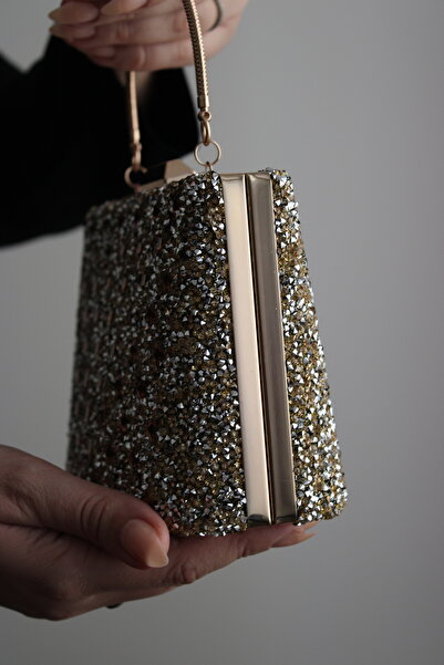 Mimoza Women's Gold Double-Way Stone Evening Bag with Movable Handle and Chain Strap