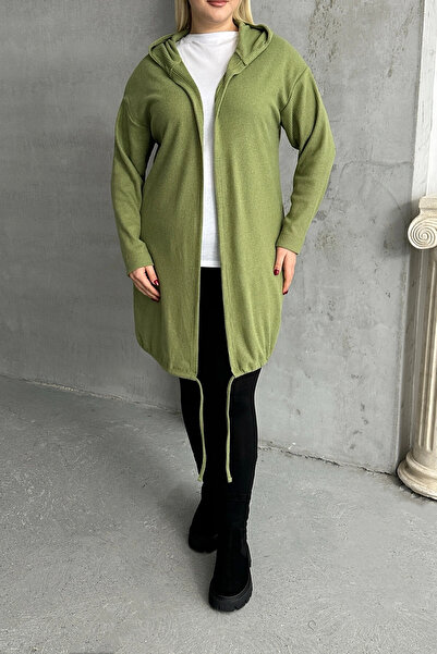 Stil Diva Büyük Beden Uzun Kollu Kapüşonlu Önü Kapamasız Fitilli Hırka 74-136