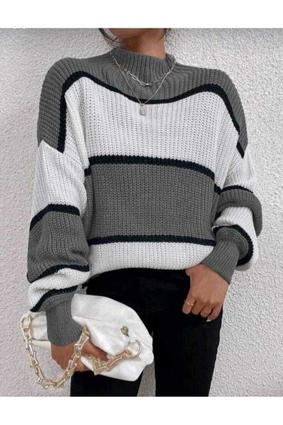 trikomode Gray White Half Fisherman Oversize Women's Striped Knitwear Sweater
