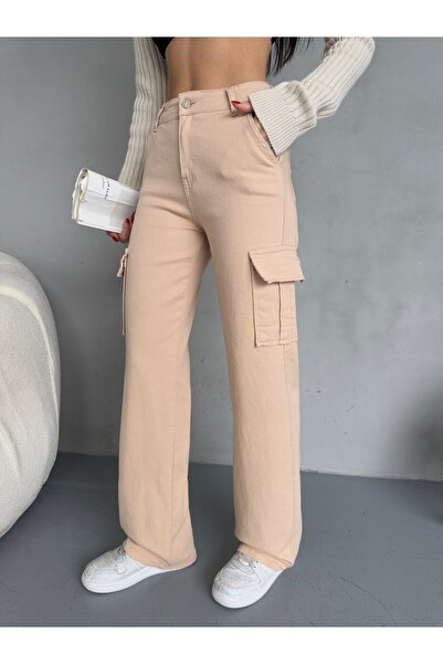 alanora Blugi de damă cu talie înaltă - buzunar cargo și picior lat