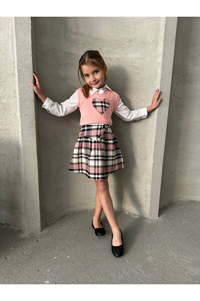 Yavrumsa Set fustă și pulover în carouri roz pentru fetiță